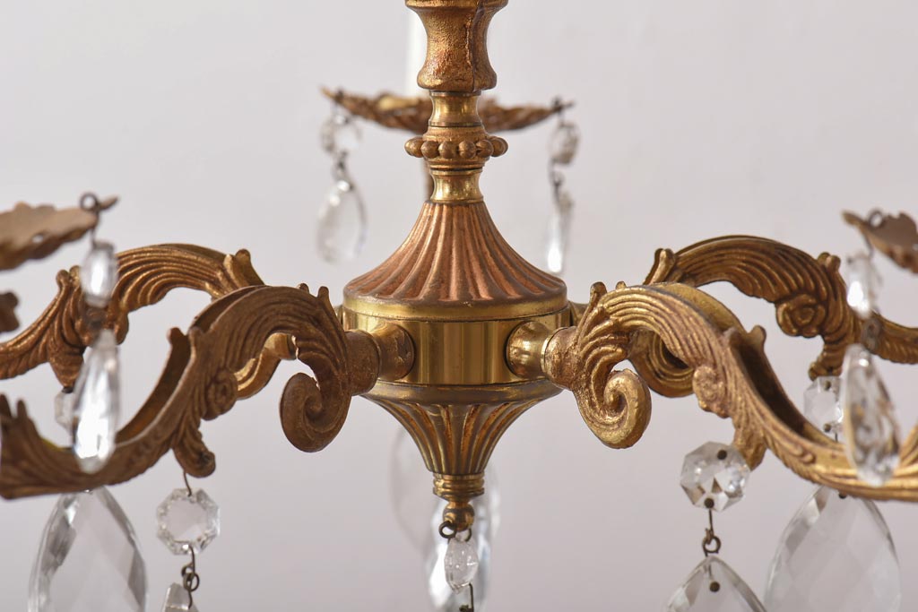 フランスビンテージ　優雅なキャンドル型のガラスドロップシャンデリア(5灯、天井照明、吊り下げ照明)