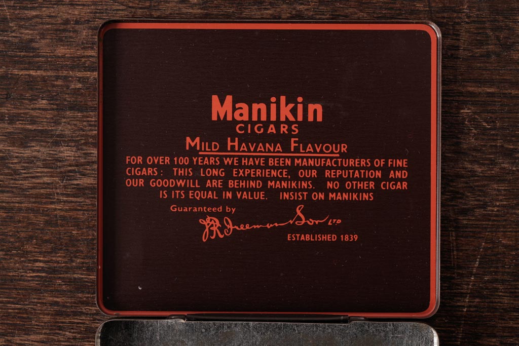 アンティーク雑貨　イギリスビンテージ　Manikin Cigars　シンプルで格好良いティン缶(シガレットケース、タバコ缶)