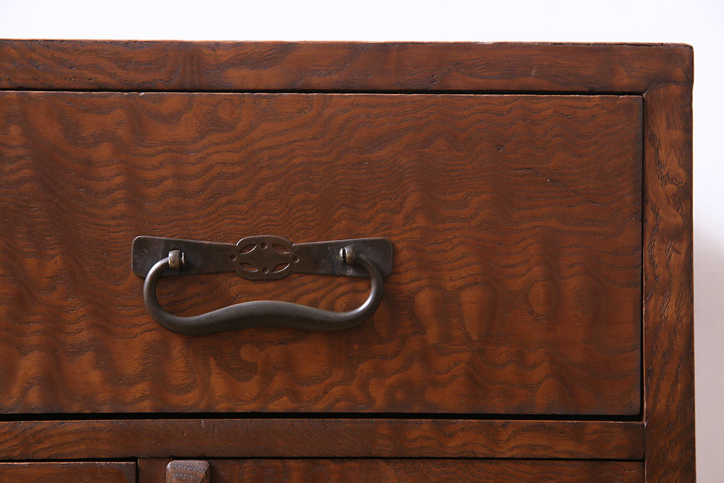 アンティーク家具　和製アンティーク　三方タモ玉杢材　真鍮金具　上質な作りの小箪笥(引き出し、和タンス)