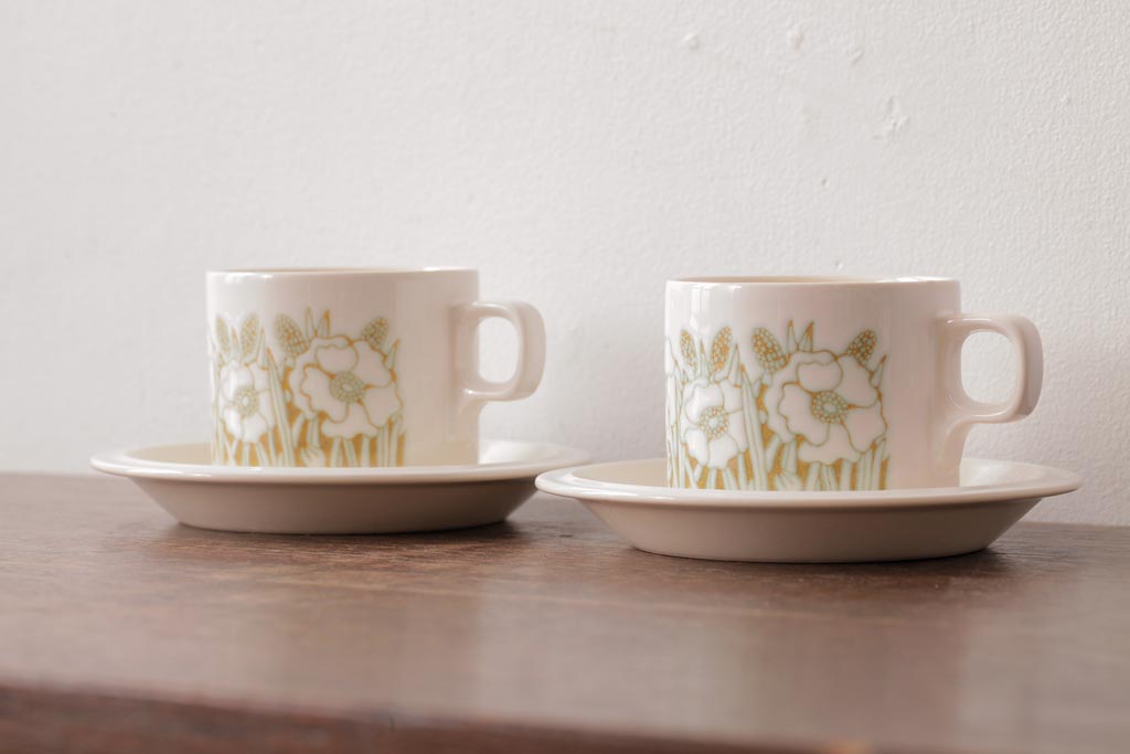 イギリスビンテージ　Hornsea(ホーンジー)　FLEUR(フルール)　淡い色合いが優しげなカップ&ソーサー2客セット(コーヒーカップ)(1)