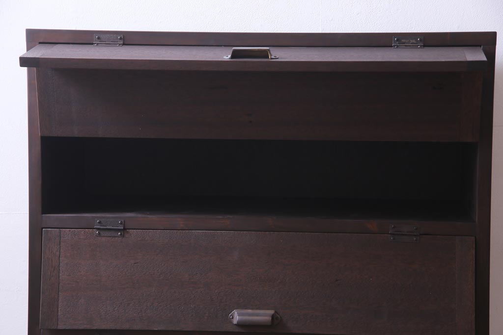 リメイク家具　前板ラワン材　パタパタ扉　濃い色合いが無骨な雰囲気を漂わせる鉄脚付き収納棚(5段タイプ)(下駄箱、戸棚、キャビネット)