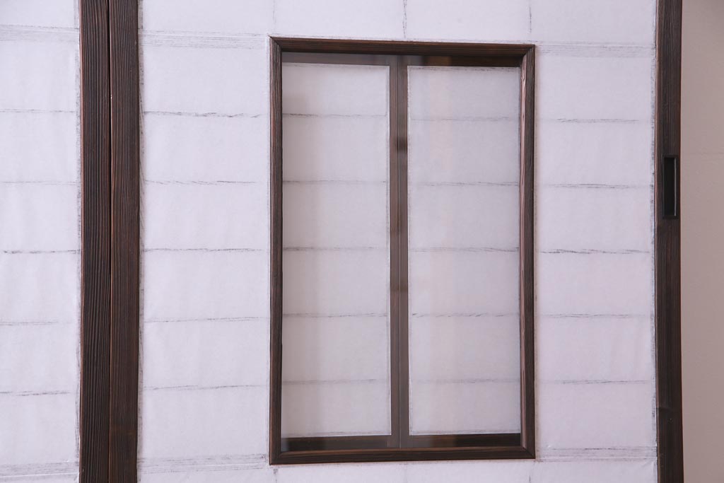 【商談品】昭和期　ガラス入り　小さな障子戸付き　スリムな雪見障子(猫間障子、引き戸、建具)4枚セット