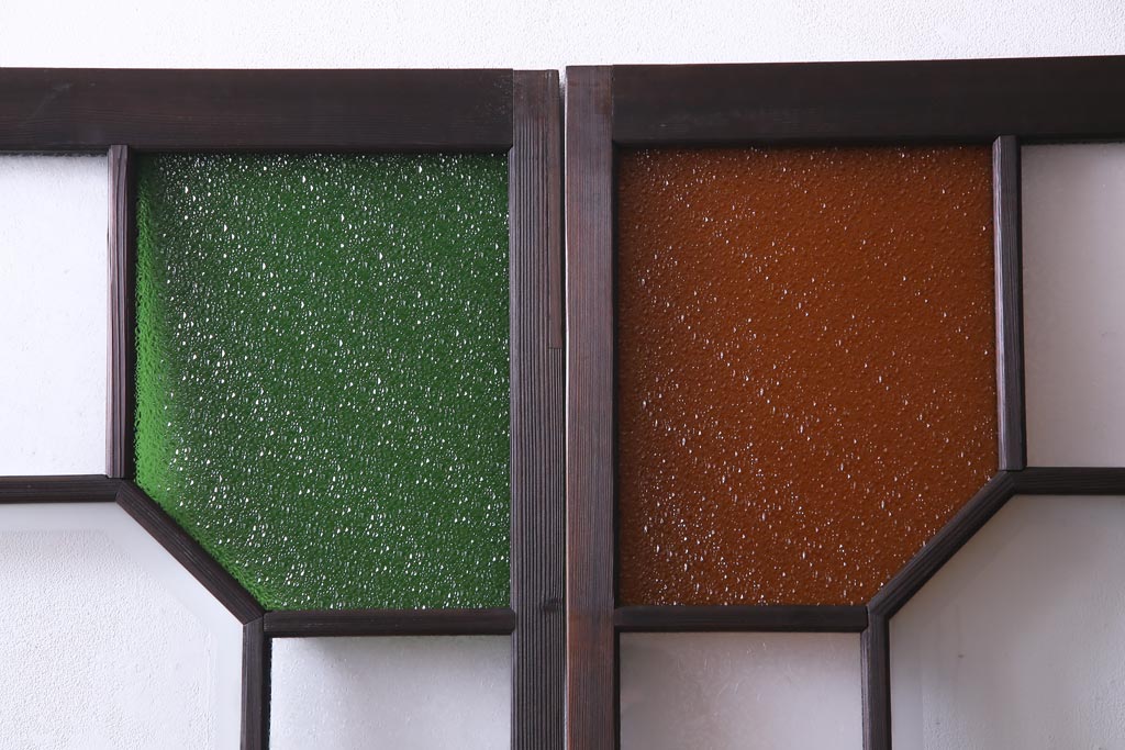 和製アンティーク　大正期　当時もの色ガラス入り!　レトロな色合いのガラス戸(引き戸、建具)2枚セット