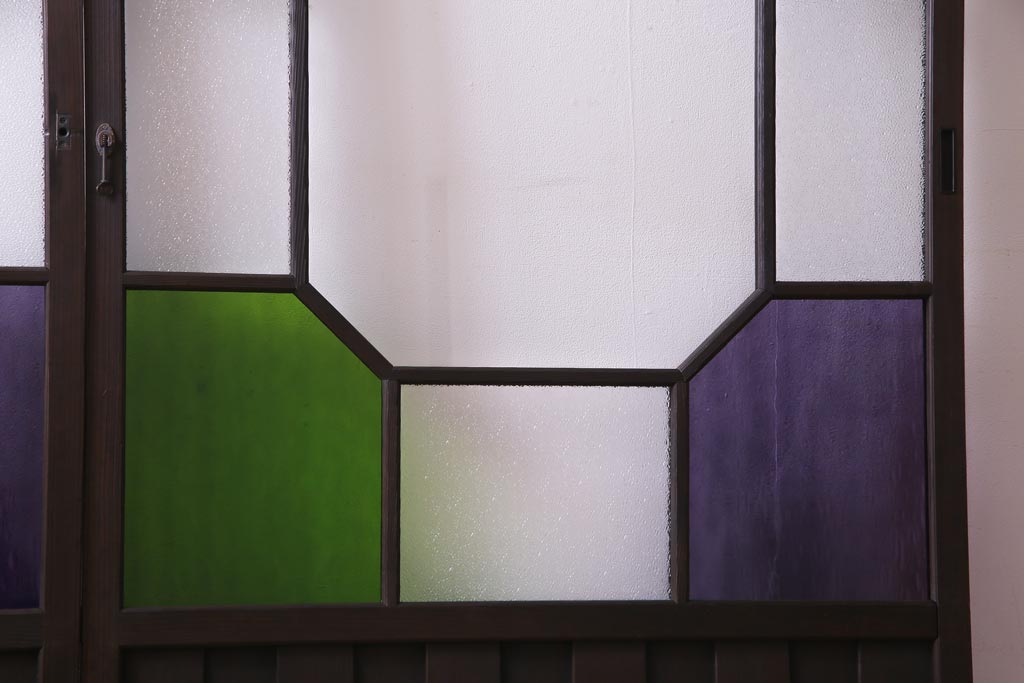 和製アンティーク　大正期　鮮やかな4色のガラス戸(引き戸、建具)2枚セット