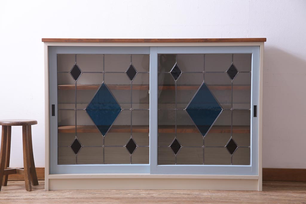 ラフジュ工房オリジナル　古建具リメイク　ステンドグラスがおしゃれな戸棚(収納棚、サイドボード)