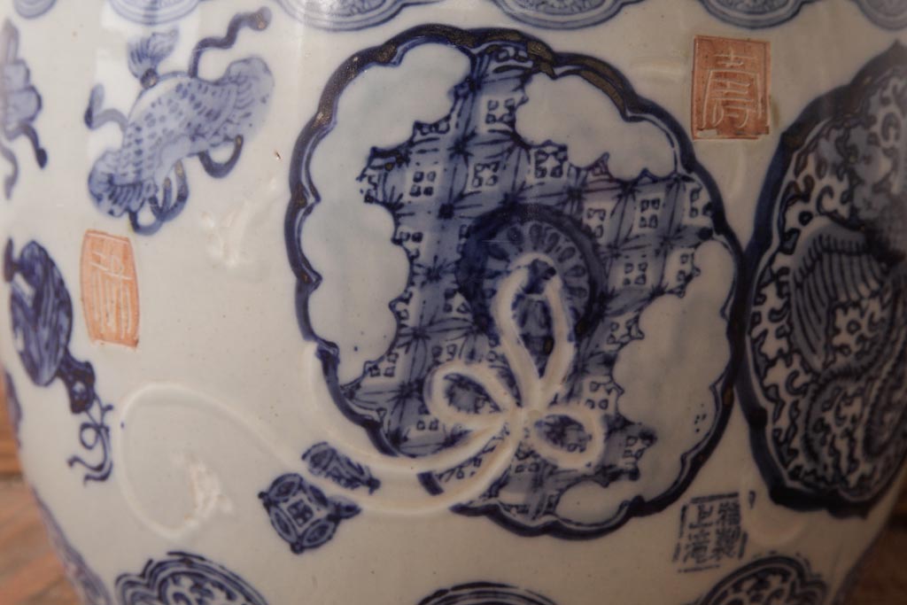 アンティーク雑貨　大正昭和初期　宝尽くし文様　鳳凰図　縁起物が描かれた日本風情溢れる瀬戸火鉢(鉢カバー)