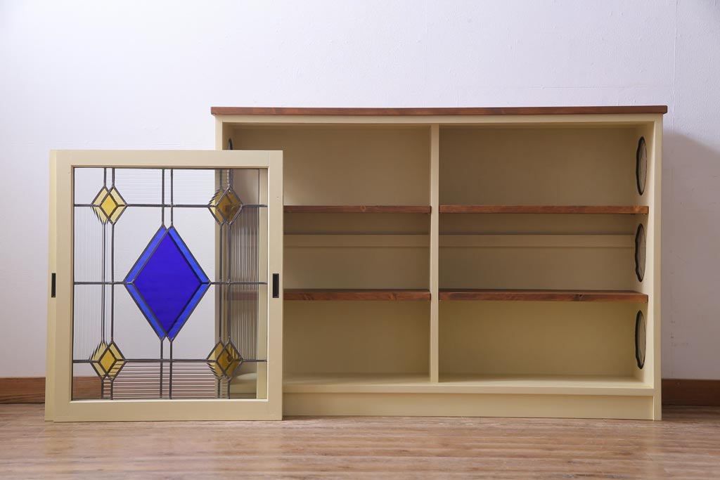 ラフジュ工房オリジナル　古建具リメイク　ステンドグラスがおしゃれな戸棚(収納棚、サイドボード)(1)