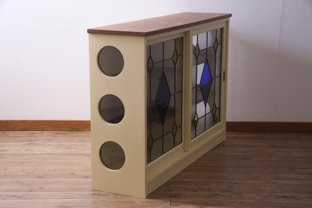 ラフジュ工房オリジナル　古建具リメイク　ステンドグラスがおしゃれな戸棚(収納棚、サイドボード)(1)