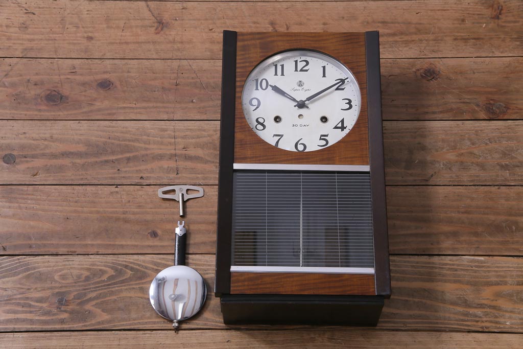 アンティーク雑貨　昭和レトロ　愛知時計電機(アイチ)　Super Eight　30DAY　手巻き式柱時計(振り子時計、掛け時計)