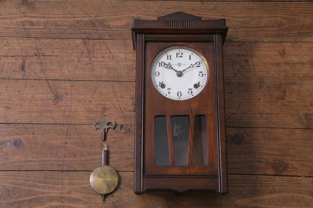 アンティーク雑貨　アンティーク　EIKOSHA(英工舎)　栓材　手巻き　ノスタルジックなゼンマイ式柱時計(振り子時計、壁掛け時計)