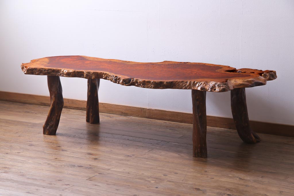 アンティーク家具　1980年頃　カリン材(花梨)鳥眼杢　一枚板　艶やかな濃淡のグラデーションが美しい座卓(センターテーブル)
