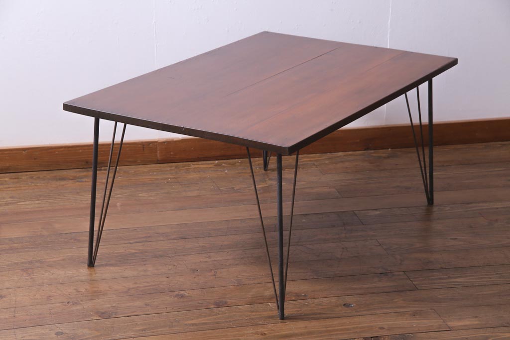 リメイク家具　ナラ材　和製アンティークの古材を利用した鉄脚テーブル(センターテーブル、ローテーブル)
