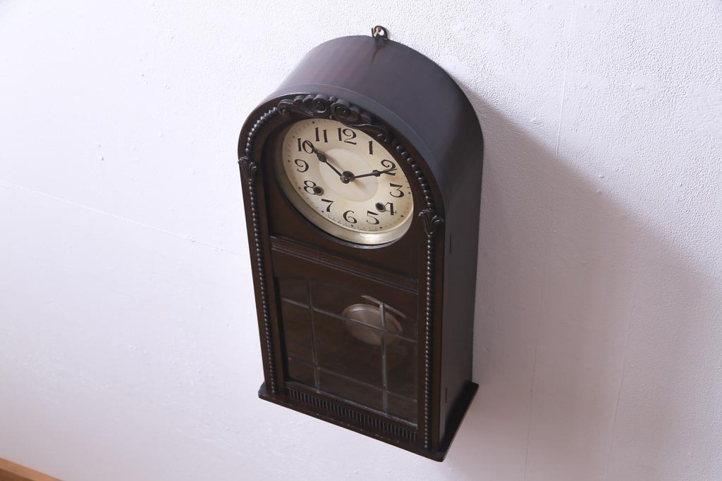 アンティーク雑貨　EIKOSHA(鶴巻時計店英工舎)　ビートスケール付　手巻き式　頭半丸型掛時計(柱時計、振り子時計)