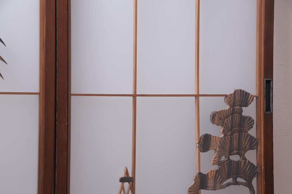 ラフジュ工房オリジナル　前板栗材　引き出し付き　両面ガラス　古い建具を活用した収納棚(組子、戸棚、キャビネット)