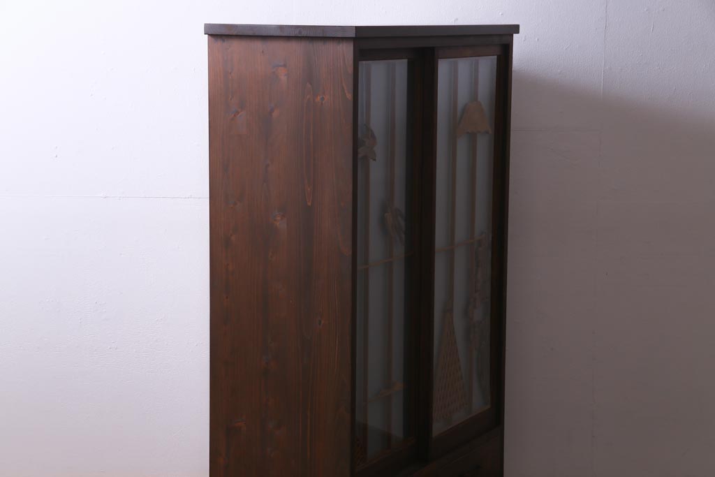 ラフジュ工房オリジナル　前板栗材　引き出し付き　両面ガラス　古い建具を活用した収納棚(組子、戸棚、キャビネット)