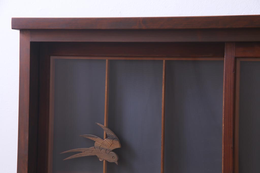 ラフジュ工房オリジナル　前板栗材　引き出し付き　両面ガラス　古い建具を活用した収納棚(組子、戸棚、キャビネット)