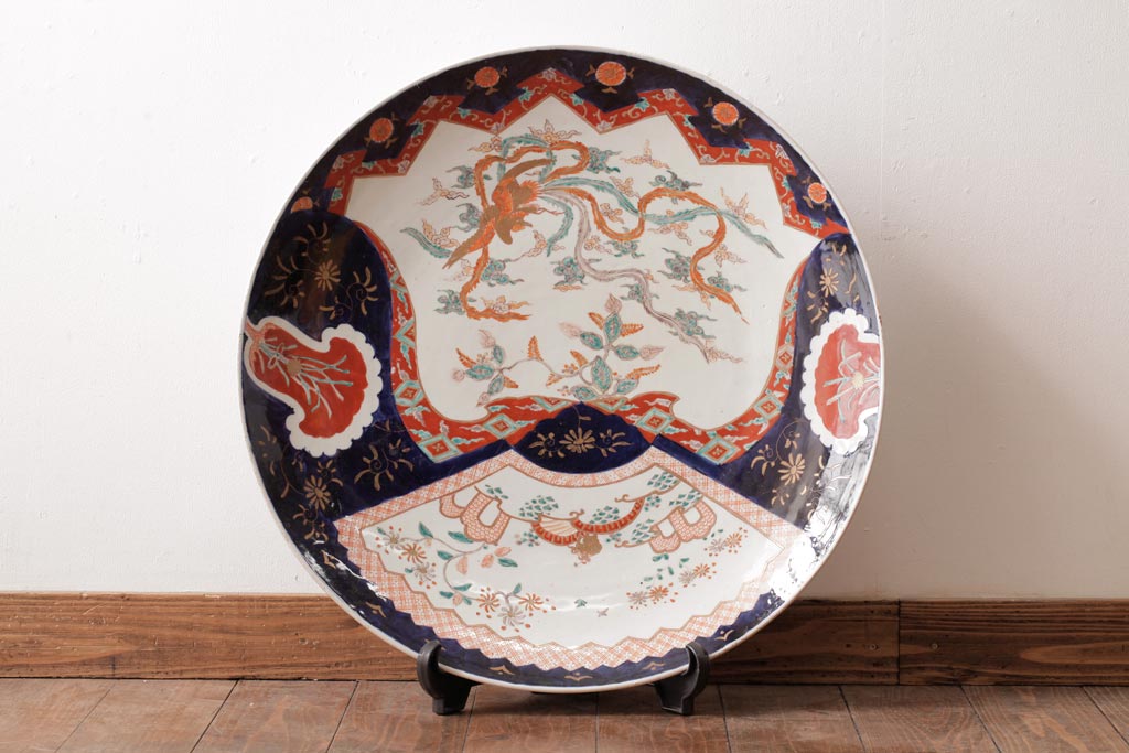 古民具・骨董 色絵 鮮やかな色使いが目を引く鳳凰紋の二尺大皿(絵皿、飾り皿) | ラフジュ工房