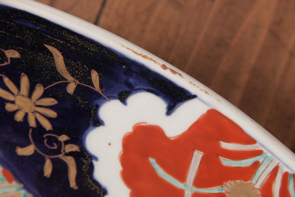 古民具・骨董　色絵　鮮やかな色使いが目を引く鳳凰紋の二尺大皿(絵皿、飾り皿)
