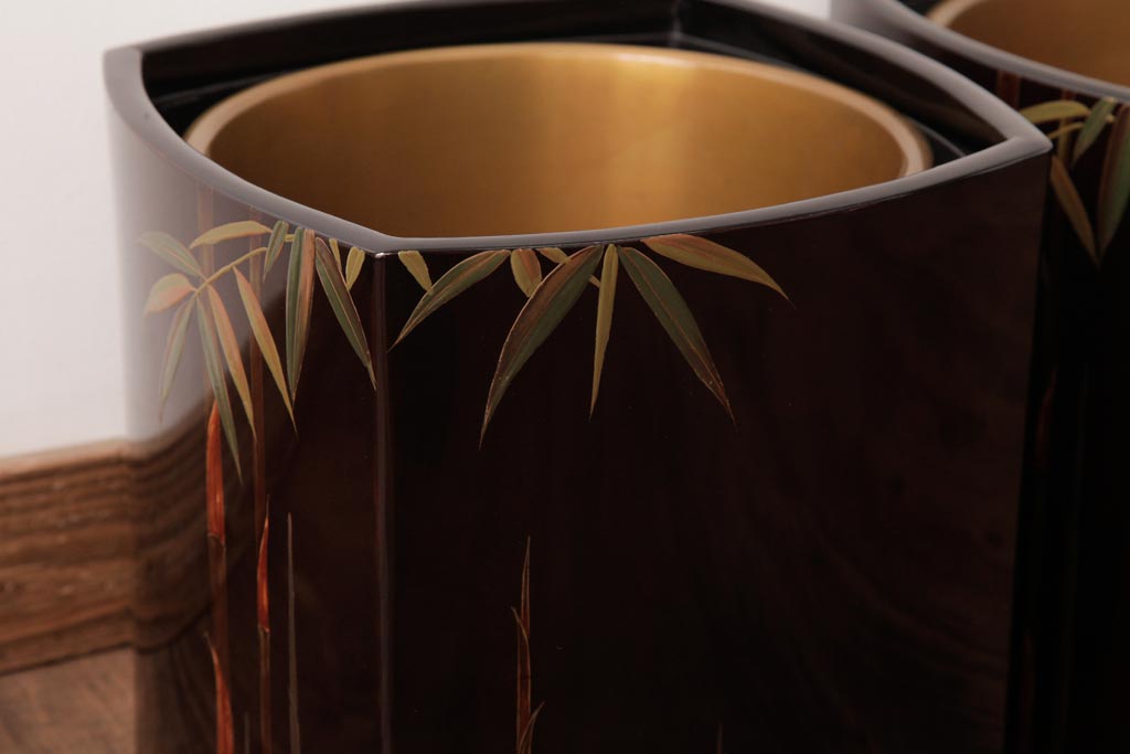 アンティーク雑貨　和製アンティーク　箱付き　漆塗り　わびさびを感じる竹模様の火鉢2個セット