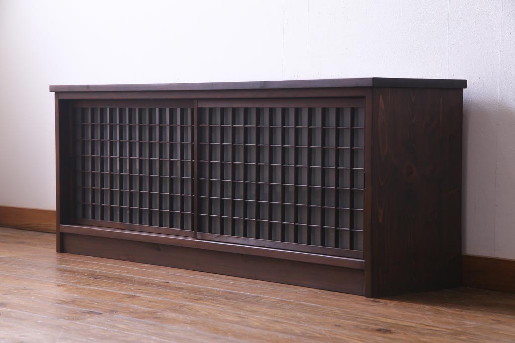ラフジュ工房オリジナル　マス目格子がおしゃれな古建具リメイクのローボード(戸棚、テレビボード)