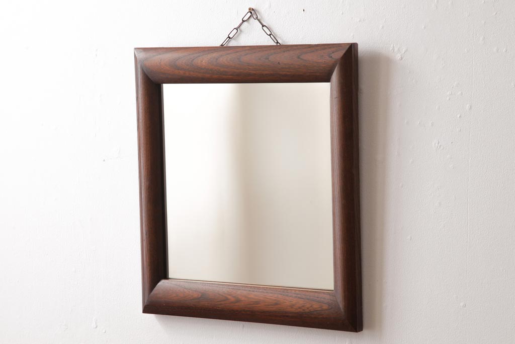 アンティーク雑貨　ビンテージ　シンプルで味のあるケヤキ材枠のウォールミラー(壁掛け鏡)