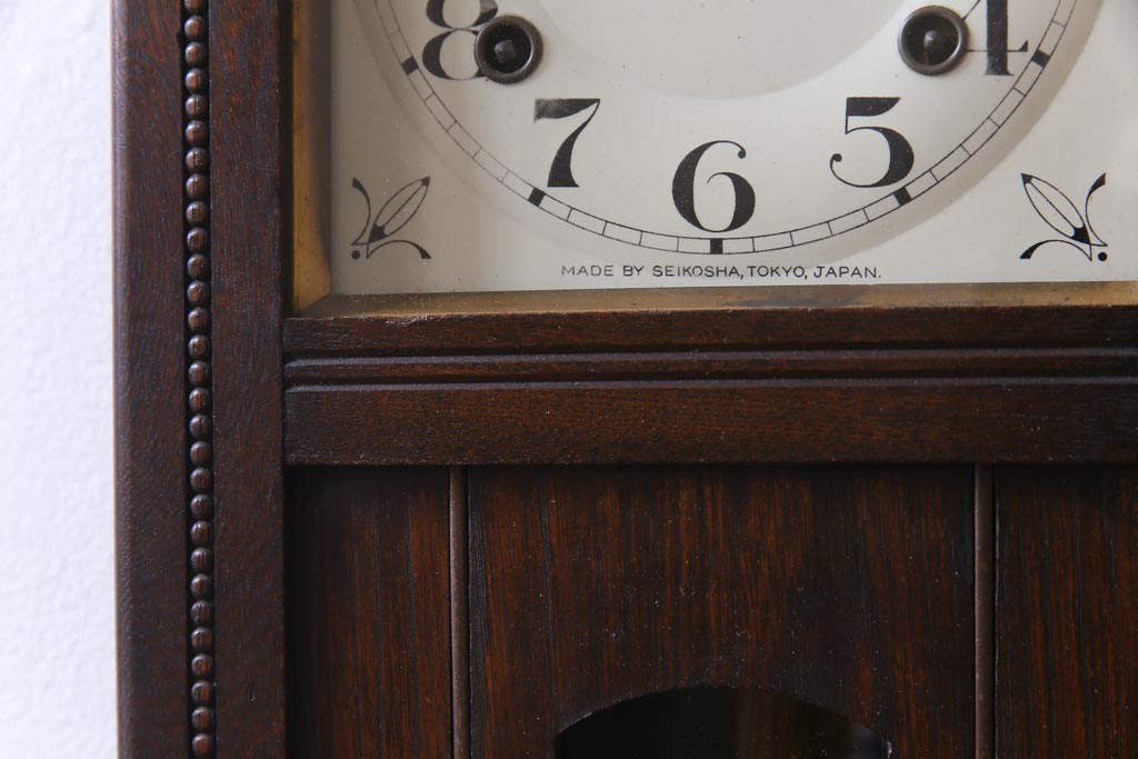 アンティーク雑貨　昭和初期　SEIKOSHA(精工舎、セイコー)　ゼンマイ式　味わい深い質感とクラシカルな佇まいの掛時計(振り子時計、柱時計)