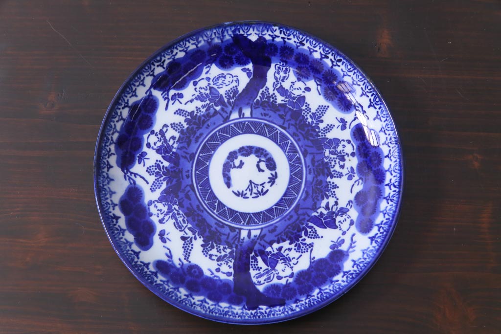 明治期　ベロ藍　紺青色が目を引く唐子文様の印判皿(中皿)(3)
