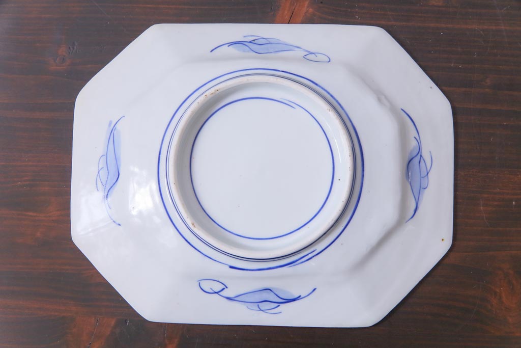 古民具・骨董　青磁　染付　牡丹図が華やかな変形皿3枚セット(長皿、和食器)
