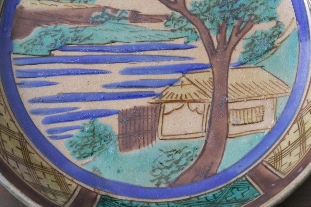 古民具・骨董　明治大正期　山水図が描かれた九谷焼色絵皿2枚セット(小皿)(2)