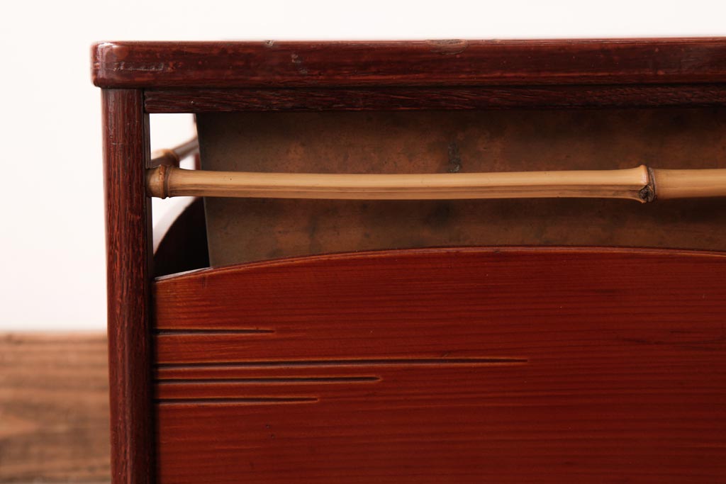 アンティーク雑貨　古民具　春慶塗　節竹の入ったデザインが魅力的な箱火鉢(木製火鉢、角火鉢)(2)