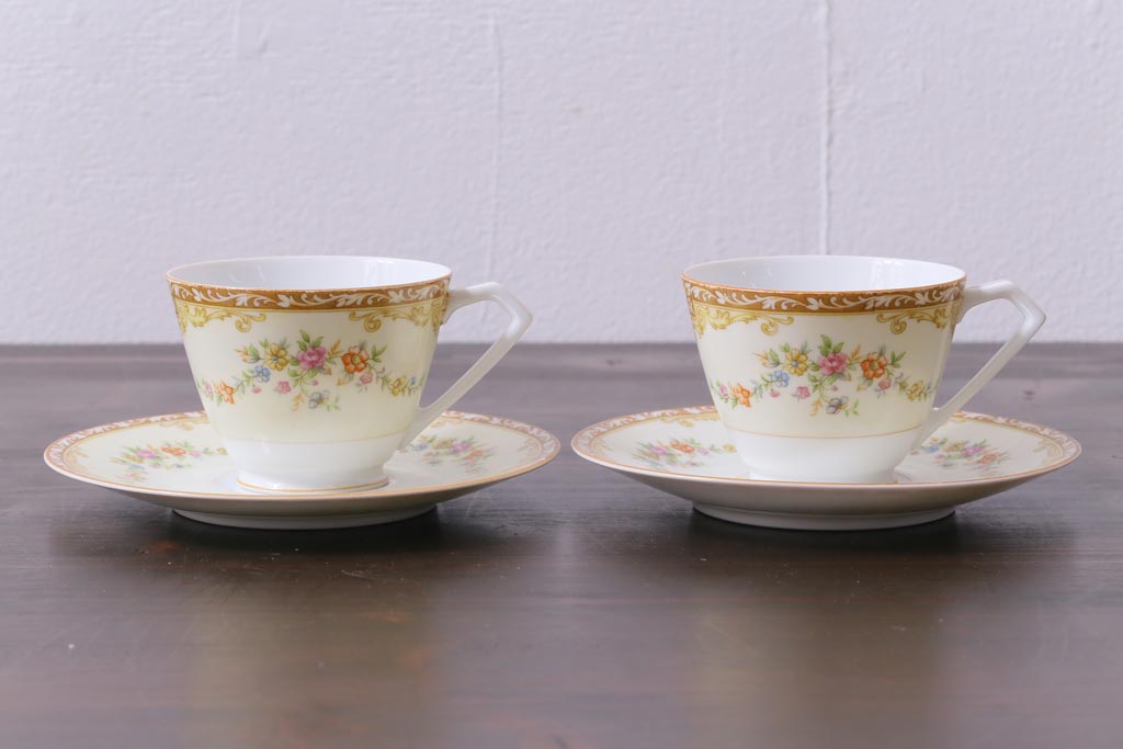 中古　ノリタケ(Noritake)　月桂樹-マルキ印　彩色ゆたかな上品なカップ&ソーサー2客セット(洋食器)