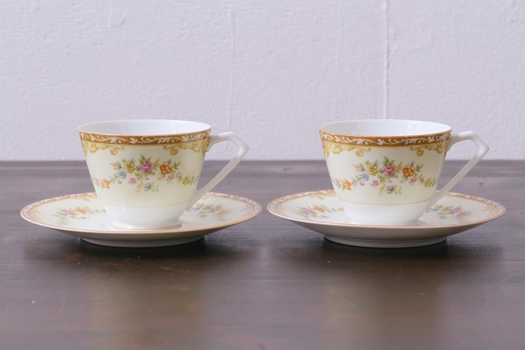 中古　ノリタケ(Noritake)　月桂樹-マルキ印　彩色ゆたかな上品なカップ&ソーサー2客セット(洋食器)(1)