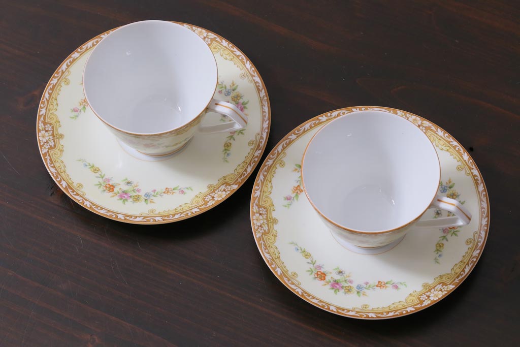 中古　ノリタケ(Noritake)　月桂樹-マルキ印　彩色ゆたかな上品なカップ&ソーサー2客セット(洋食器)(1)