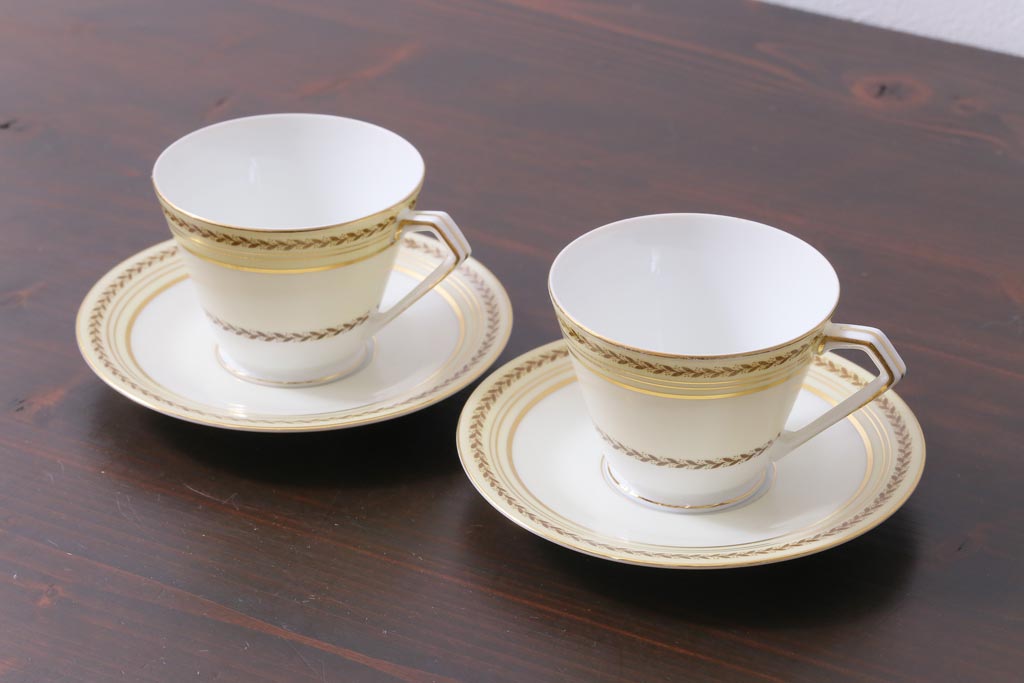 中古　オールドノリタケ(Noritake、則武)　月桂樹-М　CALIBAN　品のあるデザインが素敵なカップ&ソーサー2客セット(洋食器)