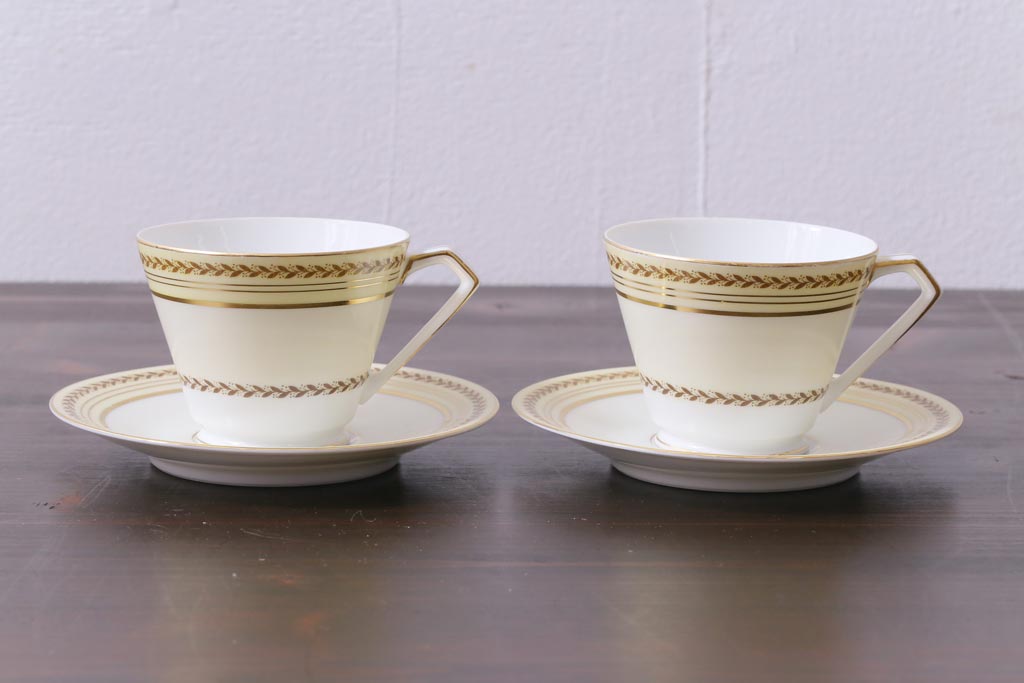 中古　オールドノリタケ(Noritake、則武)　月桂樹-М　CALIBAN　品のあるデザインが素敵なカップ&ソーサー2客セット(洋食器)