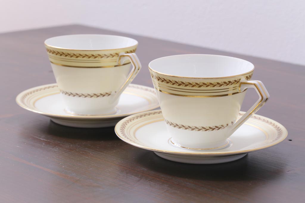 中古　オールドノリタケ(Noritake、則武)　月桂樹-М　CALIBAN　品のあるデザインが素敵なカップ&ソーサー2客セット(洋食器)