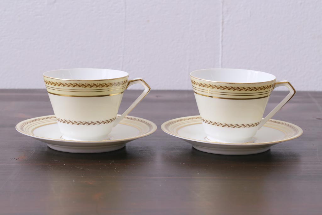 中古　オールドノリタケ(Noritake、則武)　月桂樹-М　CALIBAN　品のあるデザインが素敵なカップ&ソーサー2客セット(洋食器)(1)