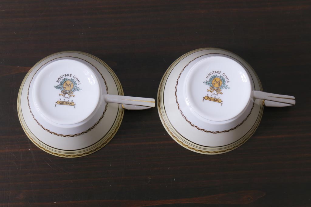 中古　オールドノリタケ(Noritake、則武)　月桂樹-М　CALIBAN　品のあるデザインが素敵なカップ&ソーサー2客セット(洋食器)(1)