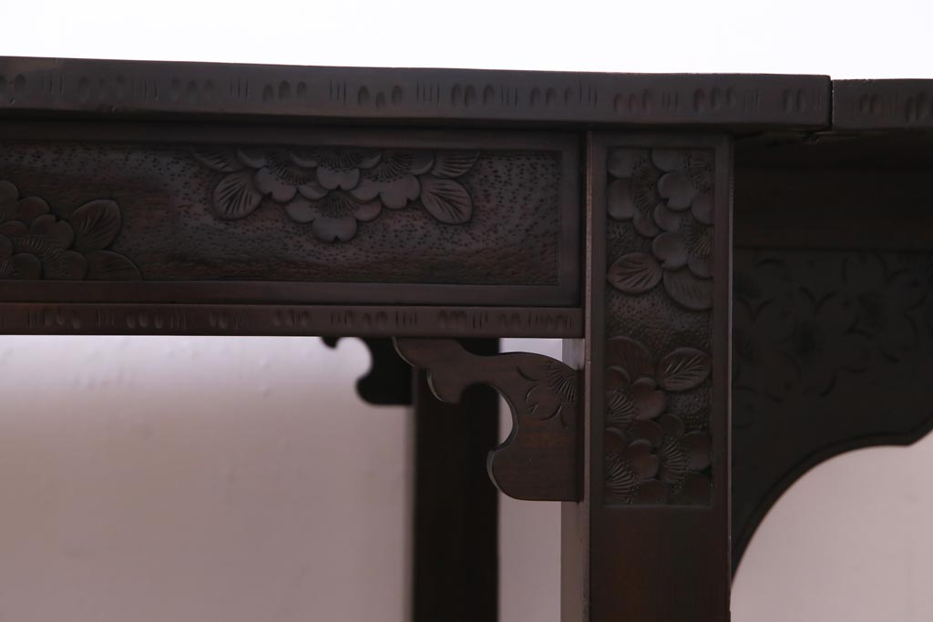 アンティーク家具　特注品　激レア!　華やかさが際立つ軽井沢彫りバタフライテーブル(エクステンションテーブル、ダイニングテーブル)(1)