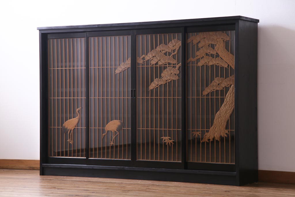 ラフジュ工房オリジナル　古建具リメイク　鶴松の組子が縁起の良いガラス戸棚(書院、収納棚、サイドボード)