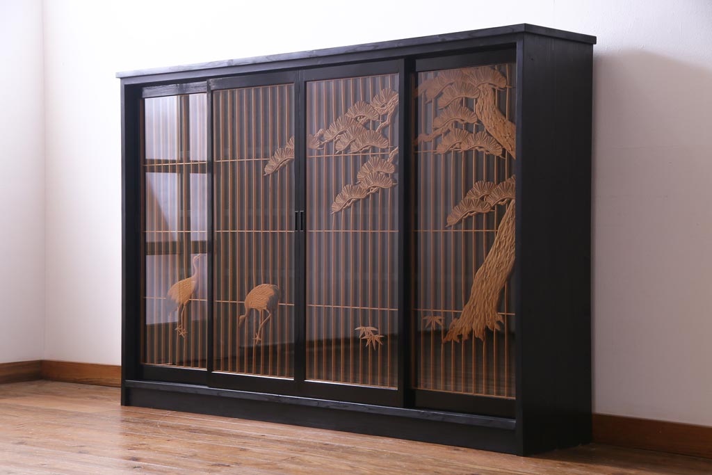 ラフジュ工房オリジナル　古建具リメイク　鶴松の組子が縁起の良いガラス戸棚(書院、収納棚、サイドボード)