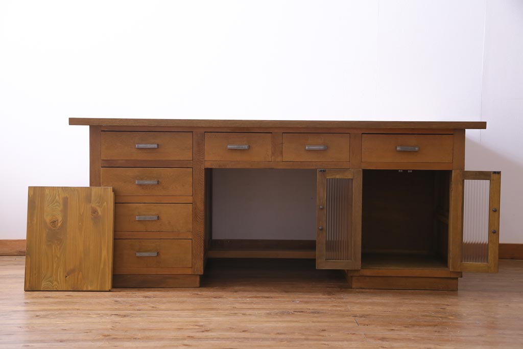 レトロ家具　昭和レトロ　天板ホワイトオーク材　特大サイズ!温もり溢れるナラ材製の両面両袖デスク(パートナーデスク、作業台、ワークデスク、在宅ワーク、在宅用)