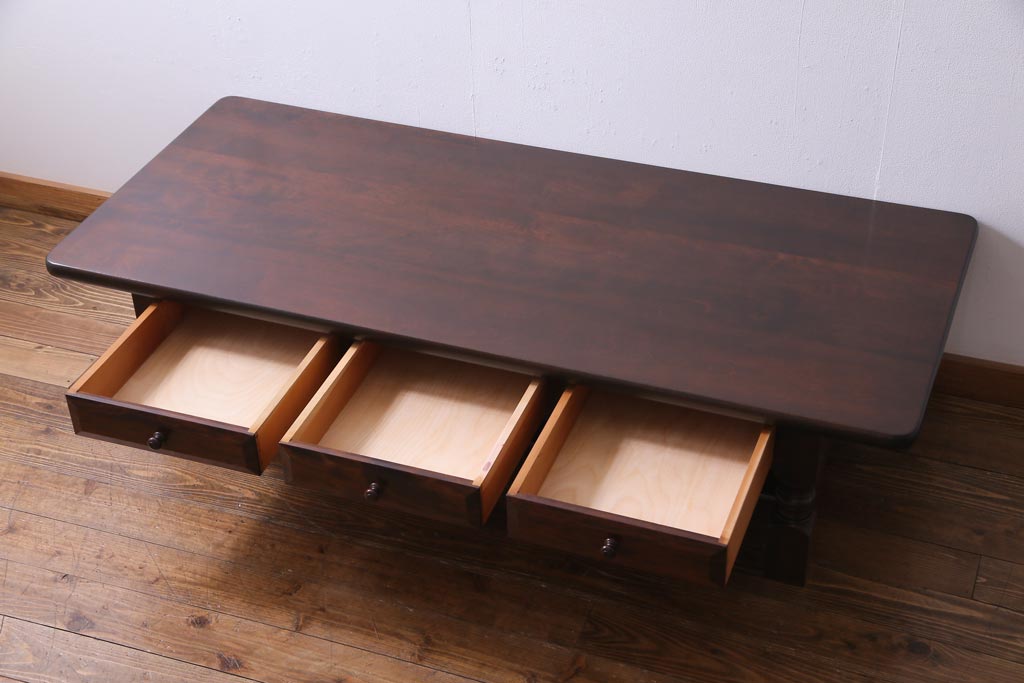 中古　特注品　松本民芸家具　引き出し付き　高級感のあるローテーブル(センターテーブル、座卓)