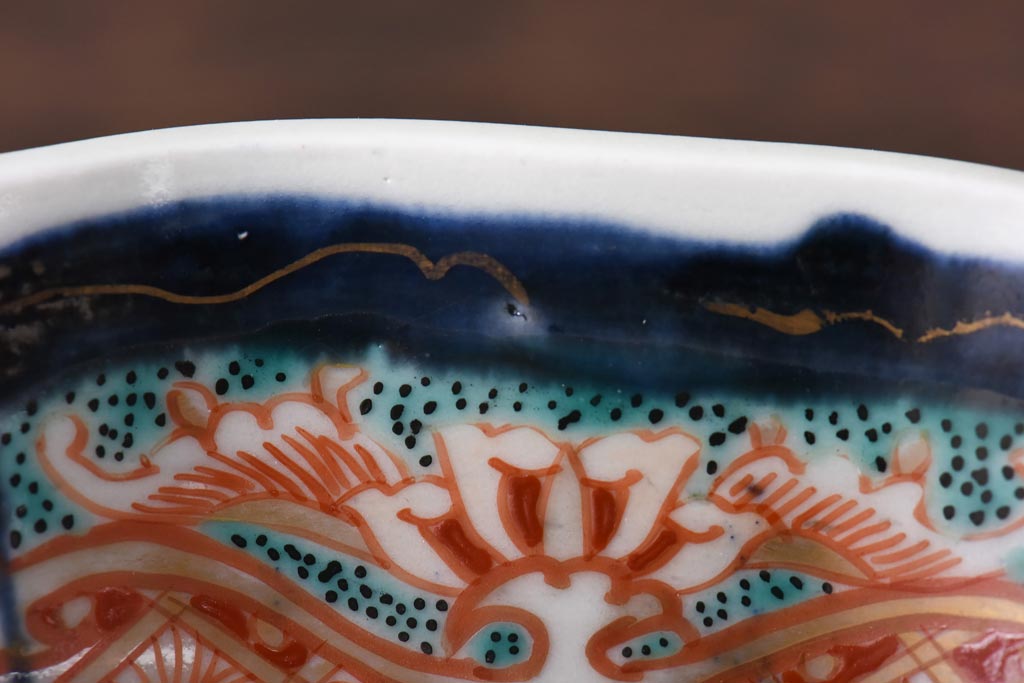 古民具・骨董　江戸期　色絵　深い藍色が美しい上手物の鉢(なます皿)