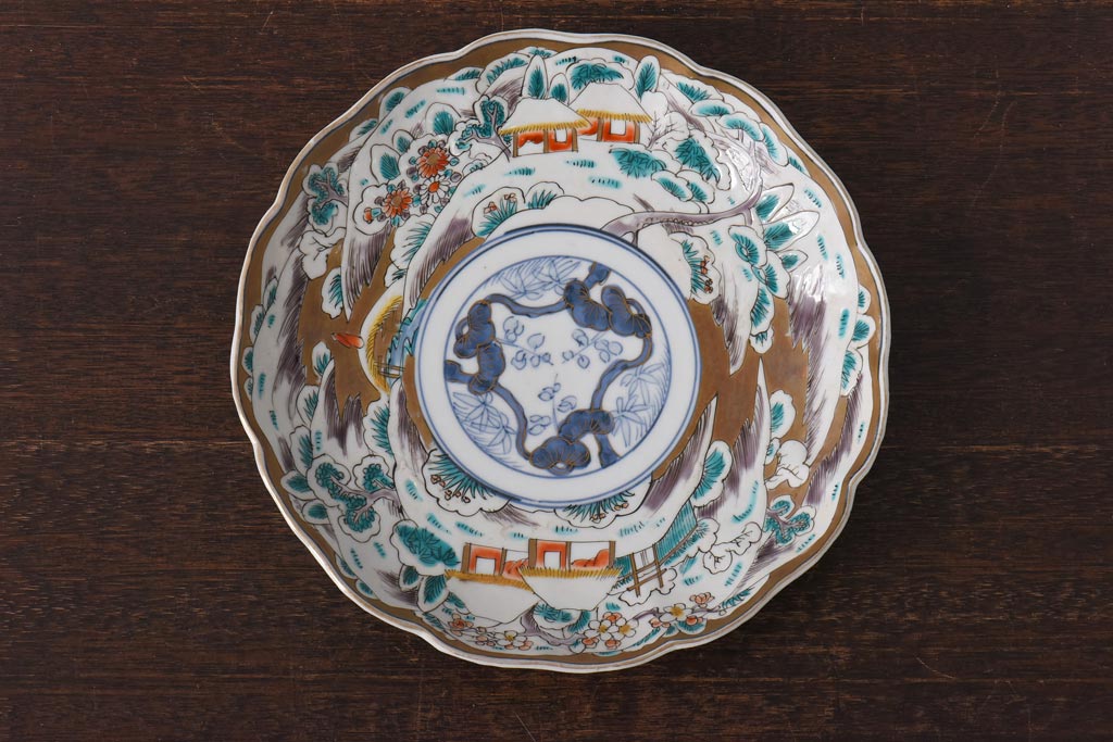 古民具・骨董　幕末明治期　色絵　八寸皿(大皿、盛り皿、和食器)
