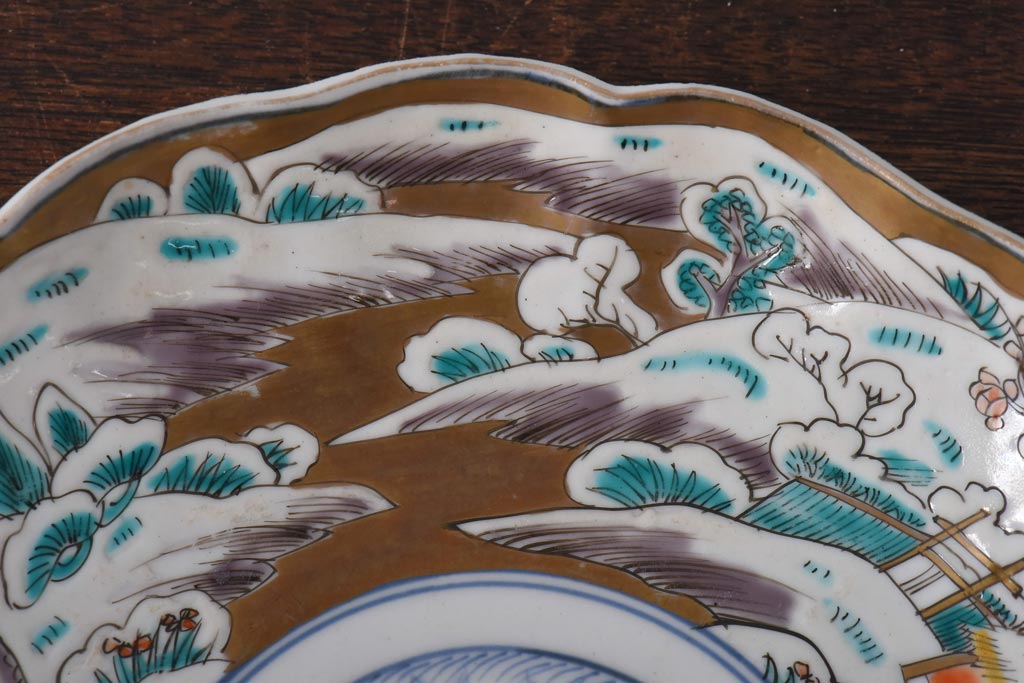 古民具・骨董　幕末明治期　色絵　八寸皿(大皿、盛り皿、和食器)