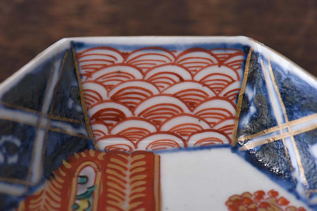 古民具・骨董　幕末明治期　鶴松　干し網に舟　色絵錦手皿2枚セット(和食器、菱形)