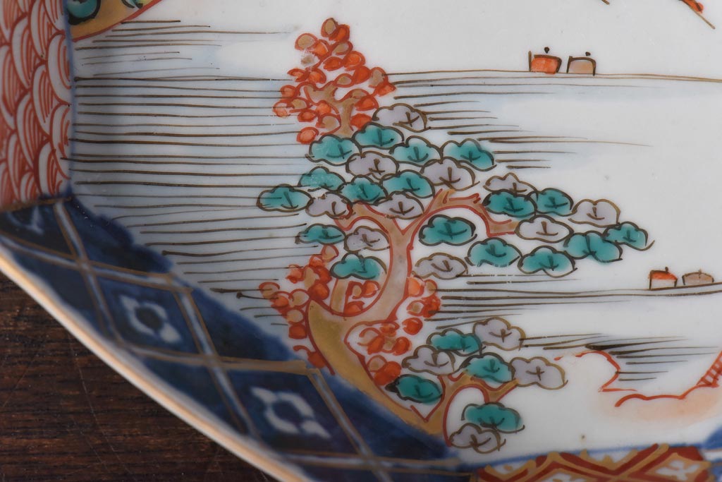 古民具・骨董　幕末明治期　鶴松　干し網に舟　色絵錦手皿2枚セット(和食器、菱形)