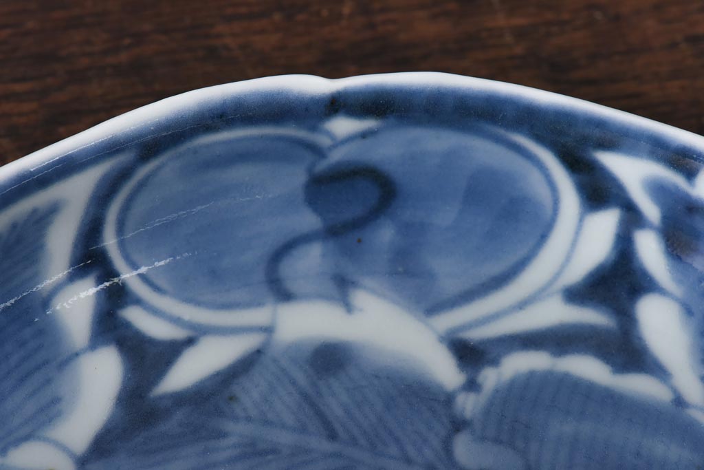 江戸期　伊万里焼　6寸　大輪の牡丹が魅力の染付皿2枚セット(中皿)(2)