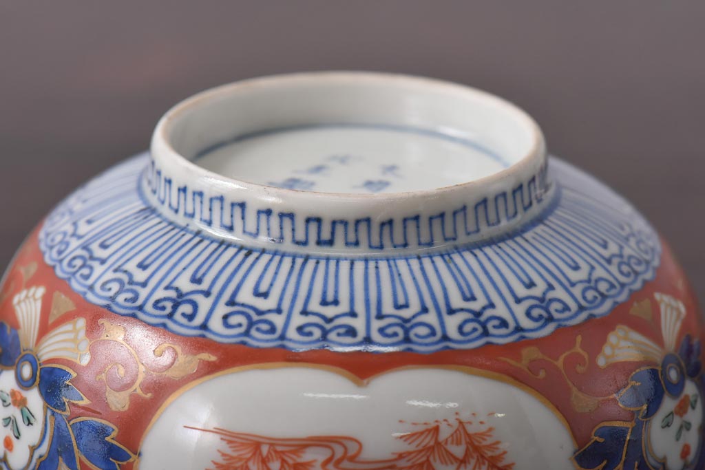 江戸期　大明成化年製　古伊万里　赤絵南蛮図染付　蓋茶碗2個セット(1)